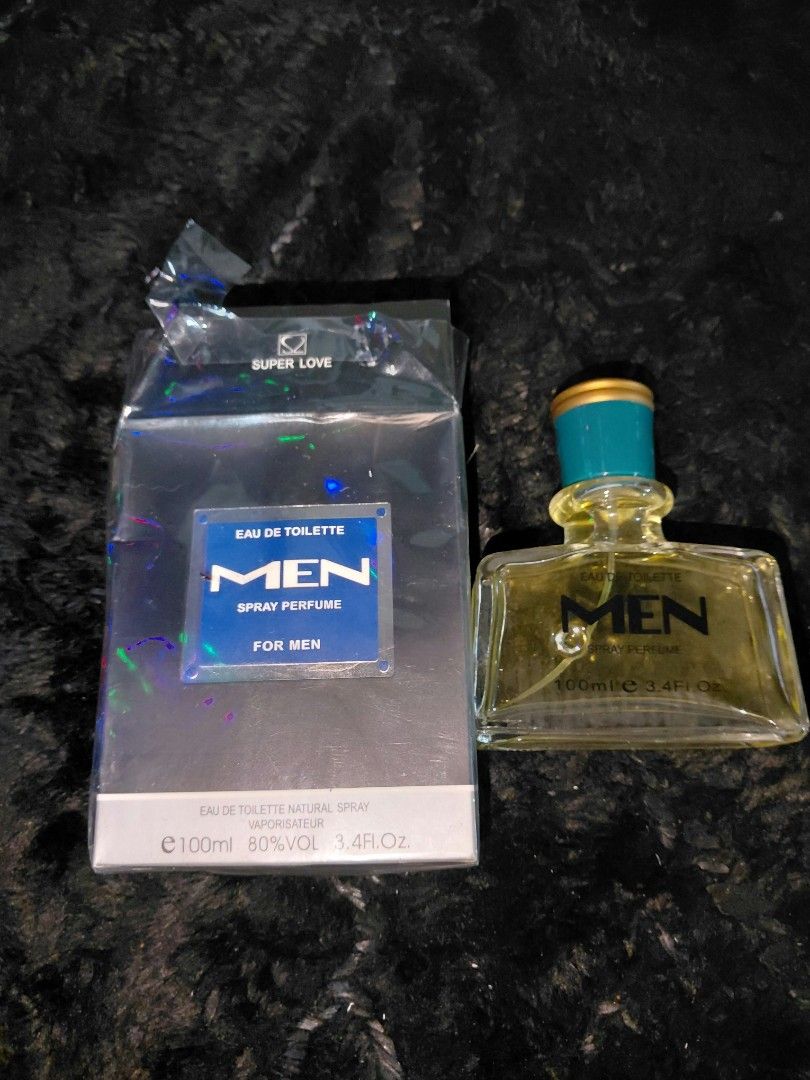 Super Love Men Eau De Toilette Spray 100ml (Category: Fragrance & Deodorants) located in Manila. Submitted by rubymielbona (Listing ID 1466792018, Image 1). Description: - Item: Super Love Men Eau de Toilette Spray - Size: 100ml bottle with matching box - Condition: Bottle is 100% full; box plastic wrap is slightly open at the top - Scent Profile: Fresh fragrance, perfect for daily casual use - Ideal For: Everyday wear or as a thoughtful gift.