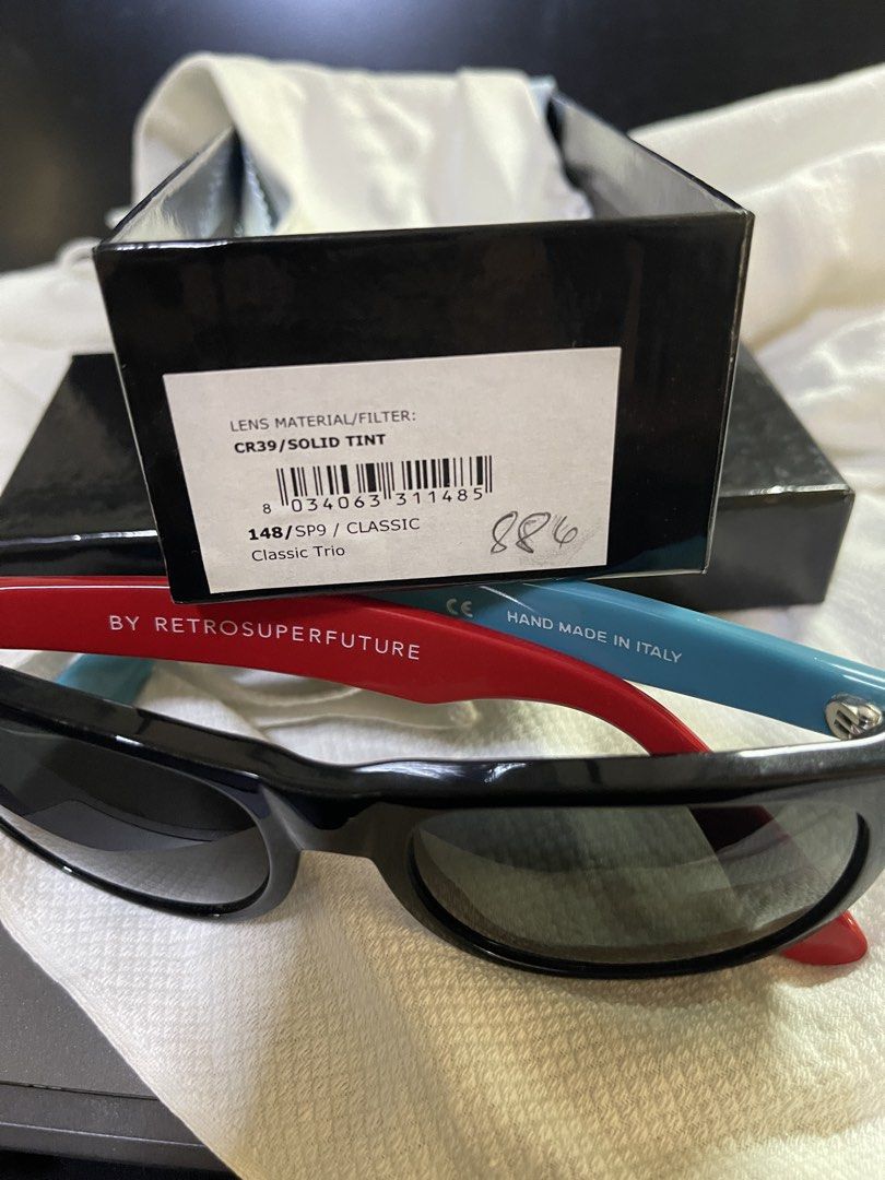 Super Solid tint sunglasses (Category: Sunglasses & Eyewear) located in Mandaluyong City. Submitted by coolmeybab (Listing ID 1466851451, Image 3). Description: Made in Italy Classic sunglasses with red and blue temple arms Hand made in Italy by Retrosuperfuture Complete with box and pouch.