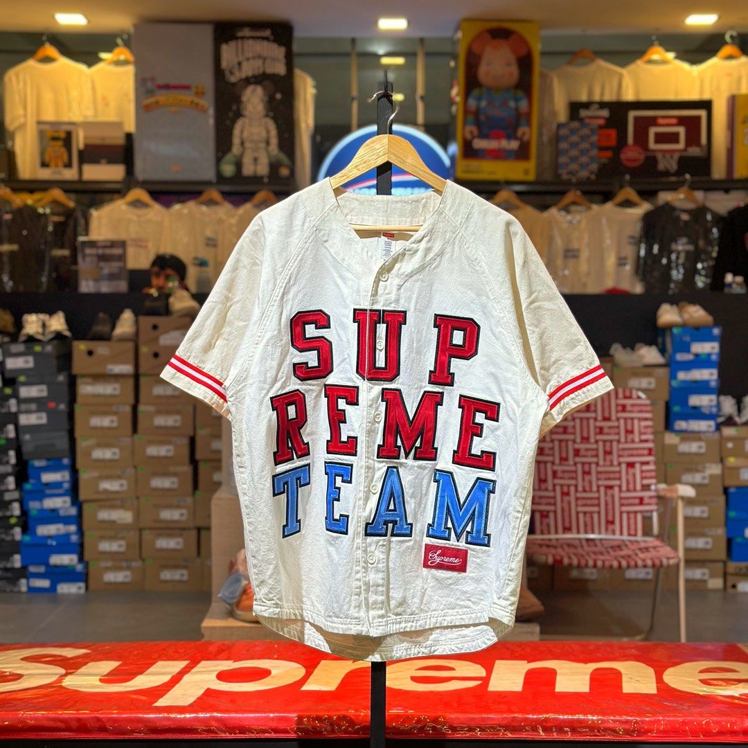 Supreme Denim Baseball Jersey (Category: Coats, Jackets and Outerwear) located in Quezon City. Submitted by inside_plug (Listing ID 1466836049, Image 1). Description: For sale Supreme Denim Baseball Jersey White - Medium Used Dm us to purchase.