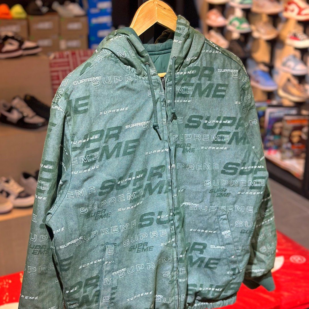 Supreme Reversible Dimensions Logo Denim Work Jacket (Category: Coats, Jackets and Outerwear) located in Quezon City. Submitted by inside_plug (Listing ID 1466831294, Image 2). Description: For sale Supreme Reversible Dimensions Logo Denim Work Jacket Green - Small Used Dm us to purchase.