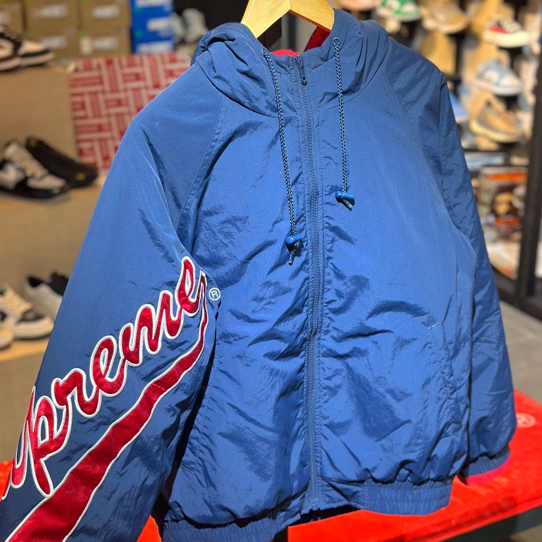 Supreme Sleeve Script Sideline Jacket (Category: Coats, Jackets and Outerwear) located in Quezon City. Submitted by inside_plug (Listing ID 1466832025, Image 2). Description: For sale Supreme Sleeve Script Sideline Jacket Navy - Small Used Dm us to purchase.
