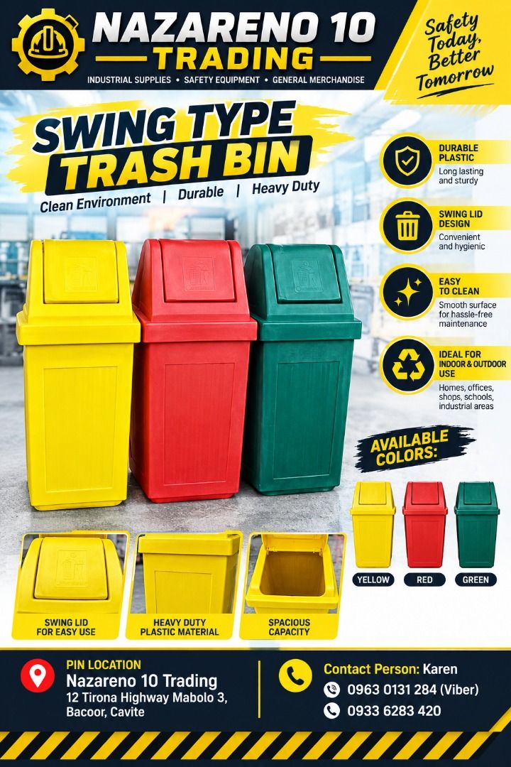 Swing Type Trash Bin (Category: Looking For) located in Bacoor. Submitted by kajezame.2021 (Listing ID 1466809090, Image 1). Description: Swing Type Trash Bin 132 Liters 85 Liters 75 Liters 28 Liters For More Details and Discount Contact Ms. Karen NAZARENO 10 TRADING 0963 0131 284 0933 6283 420 0956 7028 557 0933 8559 510 Landline: Look for Ms. Karen (046 ) 416 3920 Also available: • Traffic cone • Parking Block stopper • Hooded trash bin • Road 
