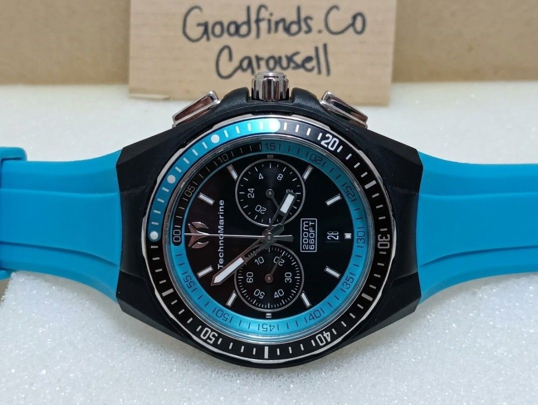 Technomarine Cruise Sport 40mm (Category: Luxury Watches) located in Candelaria. Submitted by goodfinds.co (Listing ID 1466969713, Image 1). Description: Technomarine Cruise Sport 40mm ₱3,200 (slightly negotiable) rarely used will pass a new condition back factory cover sticker intact bought from abroad size: 40mm analog display rotating bezel movement: japan quartz 200m water depth with subdials and date window 100% working test and check all yo