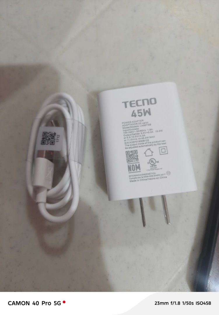 Tecno 45watts original charger (Category: Chargers) located in Batangas. Submitted by jakesuase (Listing ID 1466965459, Image 2). Description: since naka tecno camon series ako redundant na sakin ang 45watts kaya pinagbebenta ko na for 800php bnew.