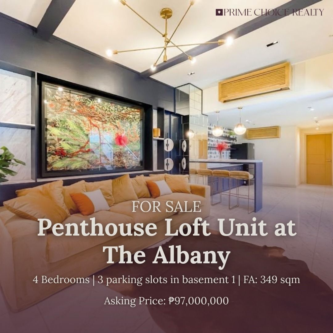 THE ALBANY (Category: Apartments & Condos) located in Quezon City. Submitted by primechoicerealtyinc (Listing ID 1461851578, Image 1). Description: FOR SALE | THE ALBANY Penthouse Loft Unit | 3-Floor Residence Property Details: • 349 sqm floor area • 4 bedrooms • 3-floor unit • Fully fitted and interior-decorated • Private deck • Private swimming pool on the top floor • 3 parking slots at Basement 1 Value Reference: • Approx. zonal value: ₱115.5M
