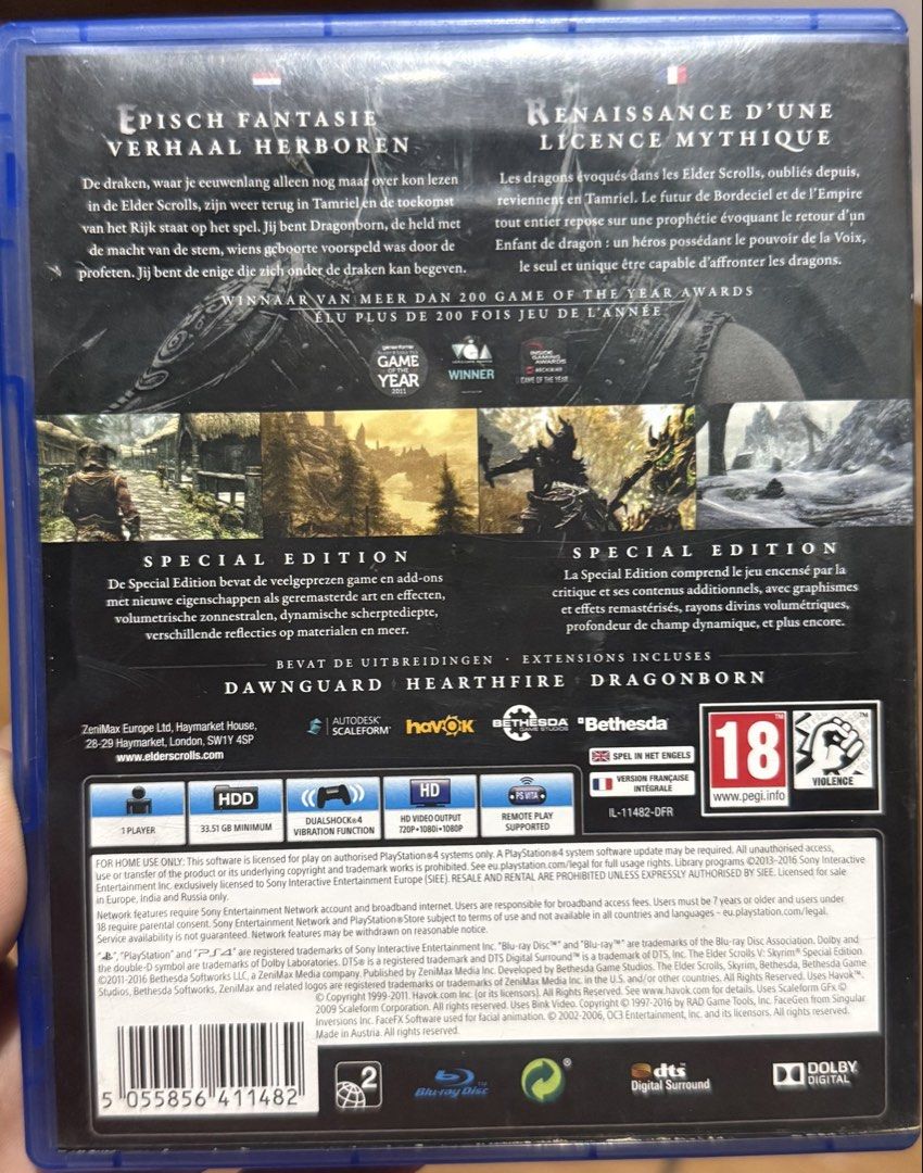 The Elder Scrolls V Skyrim Special Edition PS4 (Category: PlayStation) located in Manila. Submitted by aatroxlave39061 (Listing ID 1466950065, Image 2). Description: - Title: Skyrim Special Edition for PlayStation 4 - Includes: Base game + Dawnguard, Hearthfire, and Dragonborn add-ons - Condition: Original case included, disc is clean and scratch-free - Status: Tested and working perfectly - Rating: PEGI 18.