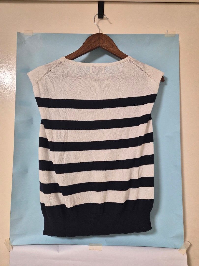 TIME Striped Knit Sleeveless Top (Category: Sleeveless) located in Manila. Submitted by prelovedbyc.hannah (Listing ID 1466923292, Image 2). Description: - Brand/Style: TIME striped knit sweater in cream and navy blue - Design: Classic sailor stripe pattern with a round neckline, short sleeves, and ribbed hem and cuffs - Condition: Pre-loved with a couple of tiny faint spots near the collar and one shoulder stripe (see close-up photos).