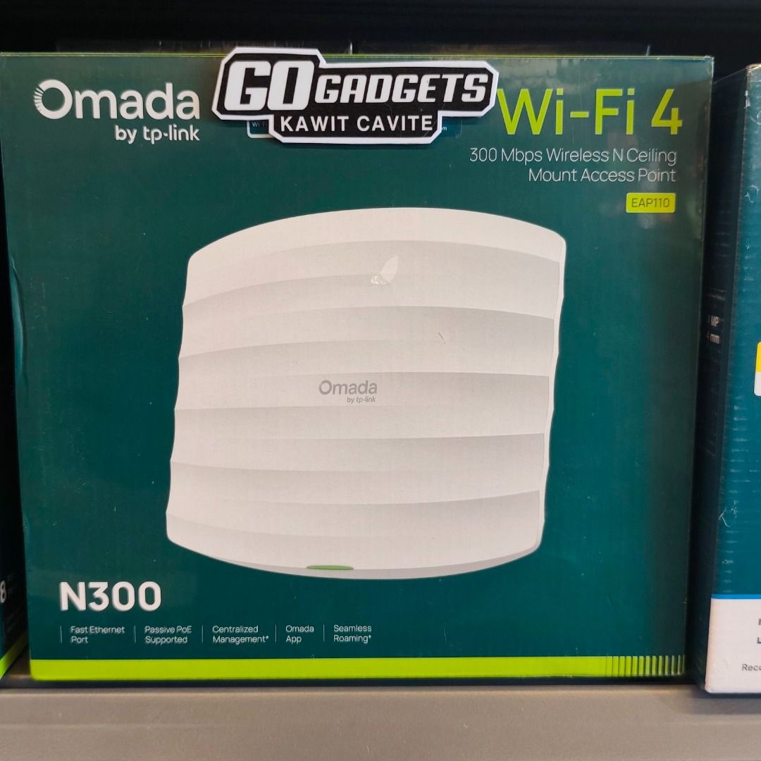 TP-Link Omada EAP110 N300 Wireless N Ceiling Mount Access Point (Category: Networking) located in Cavite. Submitted by jerickher83429 (Listing ID 1466879244, Image 1). Description: - Brand new and sealed TP-Link Omada EAP110 Access Point - Wi-Fi 4 speeds up to 300 Mbps for smooth connection - Fast Ethernet port and convenient passive PoE support - Centralized management using the Omada app - Seamless roaming capabilities for uninterrupted coverag