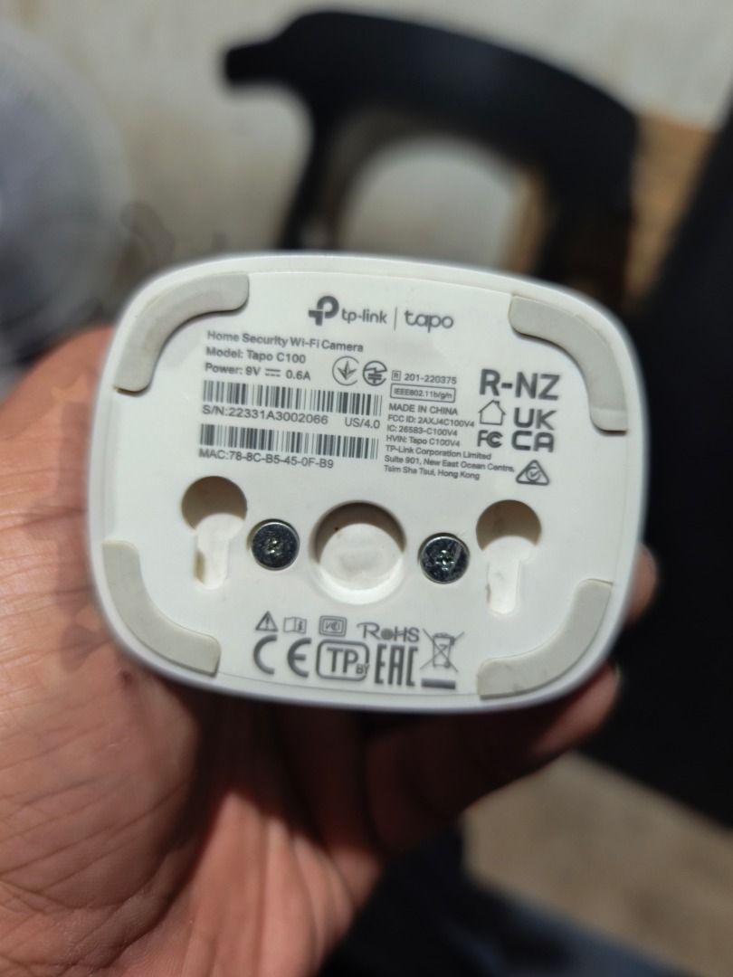 TP-Link Tapo C100 Home Security Wi-Fi Camera (Category: Security Systems & CCTV Cameras) located in Pasig City. Submitted by goldfish001 (Listing ID 1466884750, Image 2). Description: - Model: TP-Link Tapo C100 (HW Ver. 4) - Resolution: Sharp 1080p HD with clear Night Vision - Audio: Two-way audio (built-in mic and speaker) - Connectivity: Wi-Fi enabled for real-time mobile viewing via Tapo app - Design: Compact white body with adjustable stand a