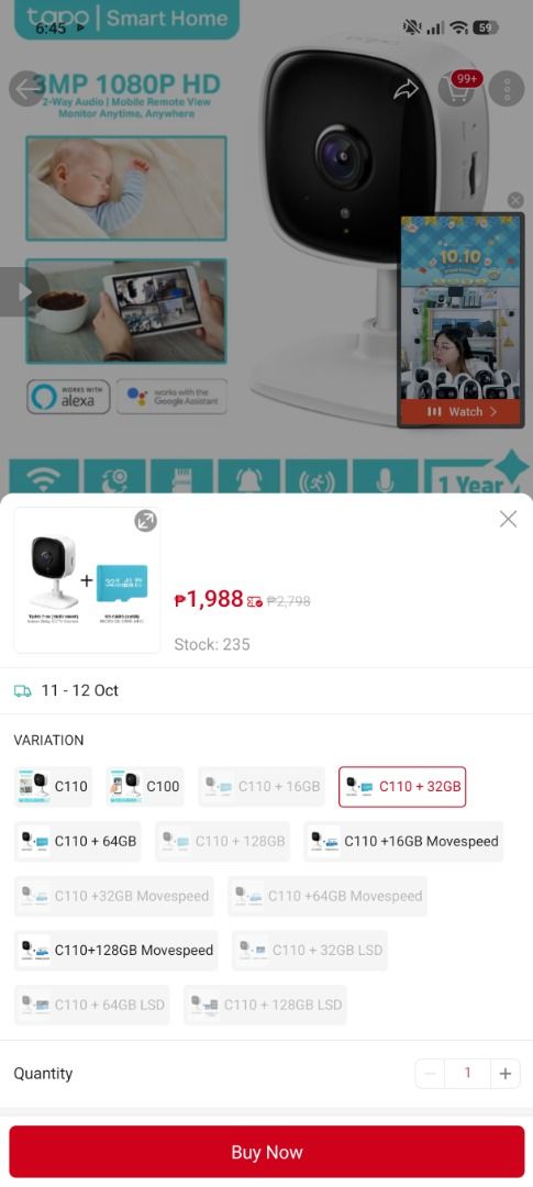 TP-Link Tapo C100 Home Security Wi-Fi Camera (Category: Security Systems & CCTV Cameras) located in Pasig City. Submitted by goldfish001 (Listing ID 1466884750, Image 3). Description: - Model: TP-Link Tapo C100 (HW Ver. 4) - Resolution: Sharp 1080p HD with clear Night Vision - Audio: Two-way audio (built-in mic and speaker) - Connectivity: Wi-Fi enabled for real-time mobile viewing via Tapo app - Design: Compact white body with adjustable stand a