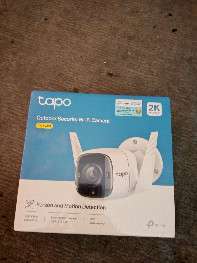 TP-Link Tapo C310 Outdoor Security Wi-Fi Camera (Category: Security Systems & CCTV Cameras) located in Manila. Submitted by brightdolphin.2884f5 (Listing ID 1466869284, Image 2). Description: - Brand: TP-Link Tapo C310 Outdoor Security Camera - Condition: Brand new, unopened packaging - Resolution: Sharp 2K video recording for clear monitoring day and night - Night Vision: Up to 98 feet of vision in complete darkness - Durability: IP66 weatherpro