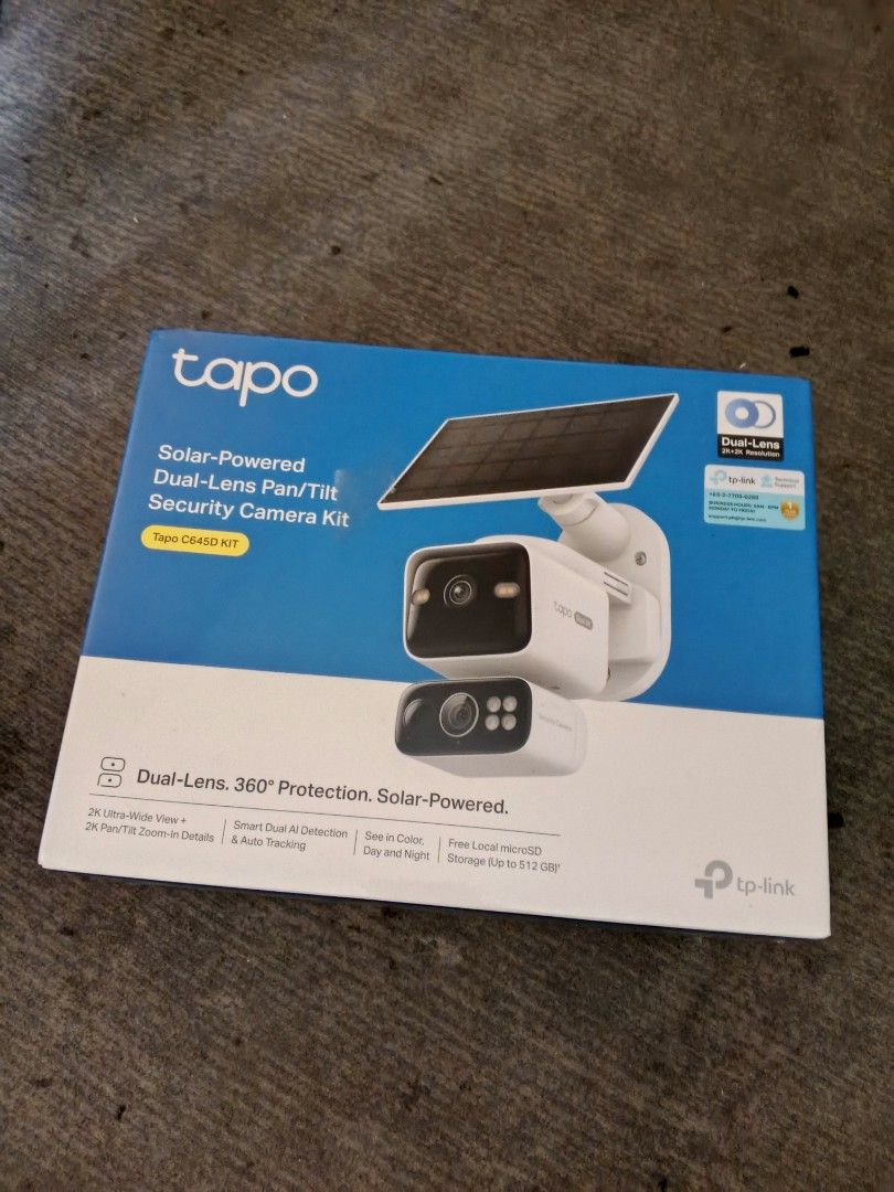 TP-Link Tapo C645D Kit Solar-Powered Dual-Lens Security Camera (Category: Security Systems & CCTV Cameras) located in Manila. Submitted by brightdolphin.2884f5 (Listing ID 1466857066, Image 2). Description: - Brand: TP-Link Tapo C645D Solar-Powered Dual-Lens Security Camera Kit - Freebie: Included 256GB Lexar microSD card (supports up to 512GB local storage) - Display: Dual 2K lenses for simultaneous wide and telephoto views - Power: 10000mAh rec