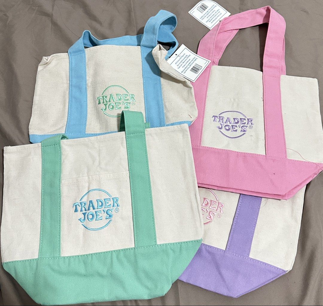 Trader Joe's Mini Canvas Tote Bag (Category: Tote Bags) located in Bulacan. Submitted by icoffee_ (Listing ID 1466922661, Image 1). Description: • Authentic Trader Joe’s mini canvas tote bags • Available in 4 pastel colors: blue, pink, green, and purple • Brand new from USA.