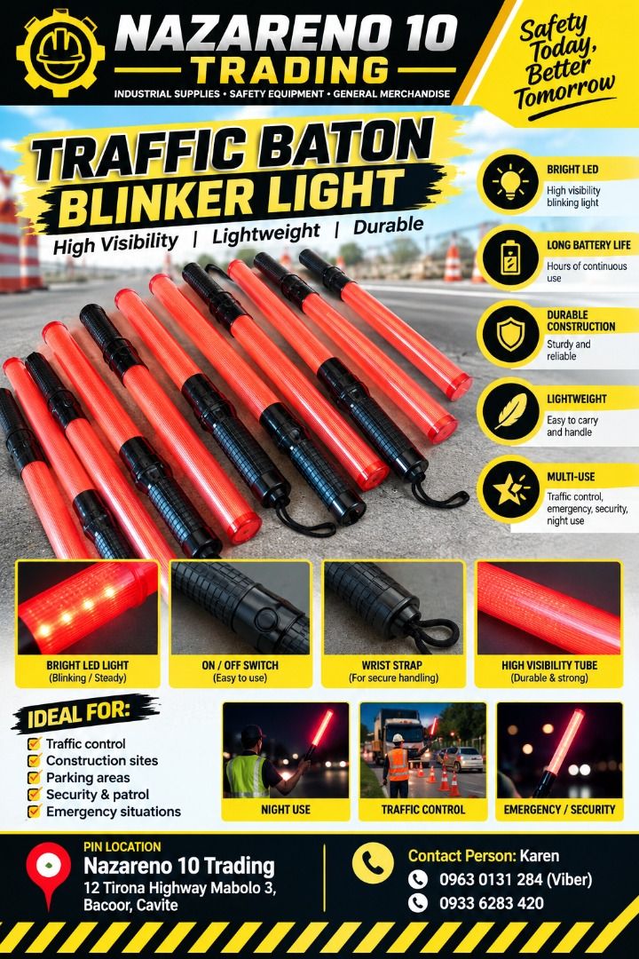 TRAFFIC BATON BLINKER LIGHT (Category: Looking For) located in Bacoor. Submitted by kajezame.2021 (Listing ID 1466828548, Image 1). Description: TRAFFIC BATON BLINKER LIGHT For More Details and Discount Contact Ms. Karen NAZARENO 10 TRADING 0963 0131 284 0933 6283 420 0956 7028 557 0933 8559 510 Landline: Look for Ms. Karen (046 ) 416 3920 Also available: • Traffic cone • Parking Block stopper • Hooded trash bin • Road Plastic Barrier • Spill boo