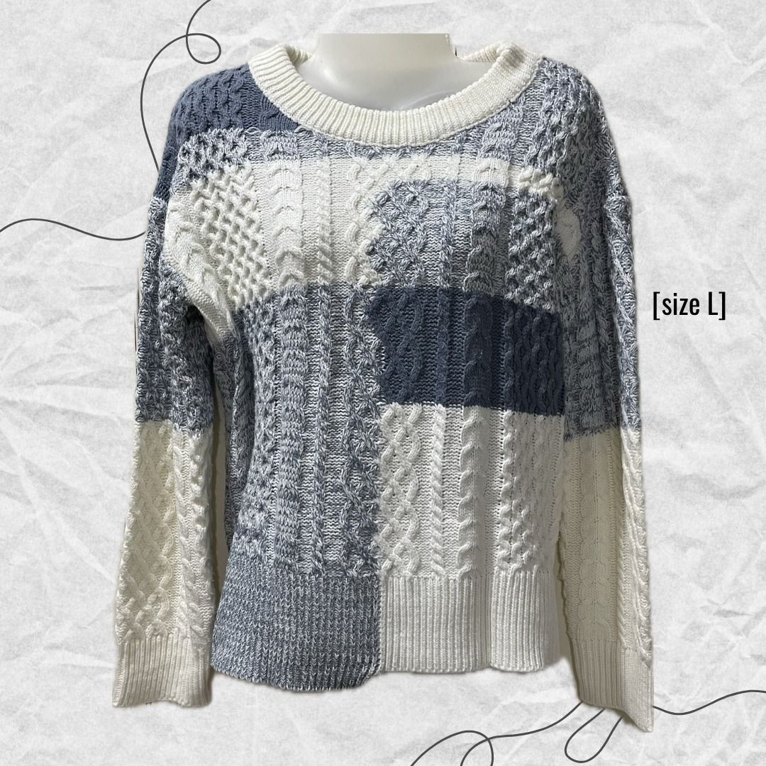 Tricolored Knitted Sweater (Category: Coats, Jackets and Outerwear) located in Manila. Submitted by lovedbydeviii (Listing ID 1466856566, Image 1). Description: Tricolored Knitted Sweater 🧵Php 200 👗Size: L 👗Slightly used but still good as new * note that color may slightly vary due to lighting .