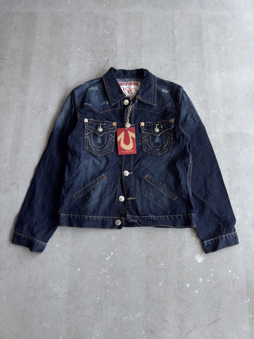 True Religion Jimmy Super T Denim Jacket (Category: Coats, Jackets and Outerwear) located in Santa Rosa. Submitted by lebrownieee (Listing ID 1466863681, Image 1). Description: - Brand: True Religion - Model: Jimmy Super T - Color/Wash: Dark wash denim - Size: XXXL - Material: 100% Cotton, Made in USA - Condition: Brand new with original hang tag attached - Features: Contrast stitching, flap chest pockets, side slant pockets, and logo-stamped met