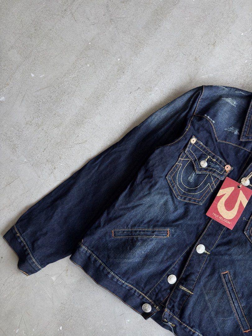 True Religion Jimmy Super T Denim Jacket (Category: Coats, Jackets and Outerwear) located in Santa Rosa. Submitted by lebrownieee (Listing ID 1466863681, Image 2). Description: - Brand: True Religion - Model: Jimmy Super T - Color/Wash: Dark wash denim - Size: XXXL - Material: 100% Cotton, Made in USA - Condition: Brand new with original hang tag attached - Features: Contrast stitching, flap chest pockets, side slant pockets, and logo-stamped met