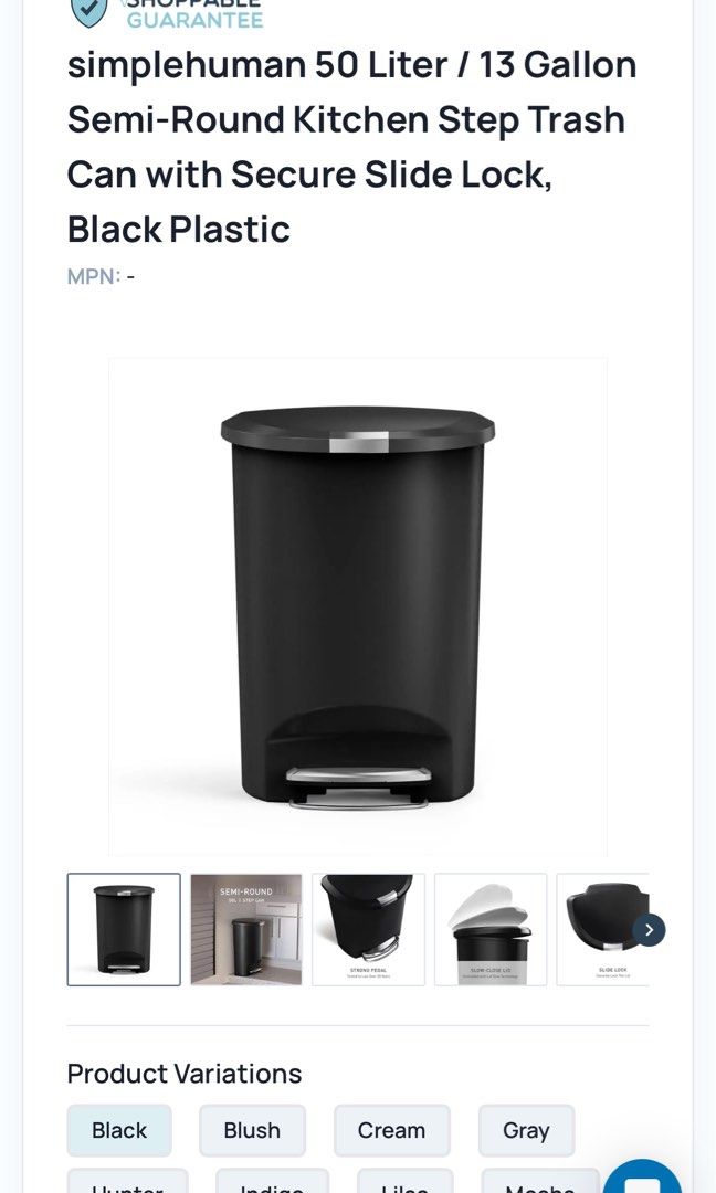 True Value 50L Garbage Bin, Brand : Simple Human (Category: Other Home Furniture) located in Quezon City. Submitted by littlemissfirstowner (Listing ID 1466885063, Image 1). Description: Originally bought for 5k from True Value Gently Used, mostly ginawang patungan ng gamit See my reviews ✨✨✨ 50L (Giant but classy 💅🏻) 30 Gallons capacity 📍 Bonny Serrano Crame.
