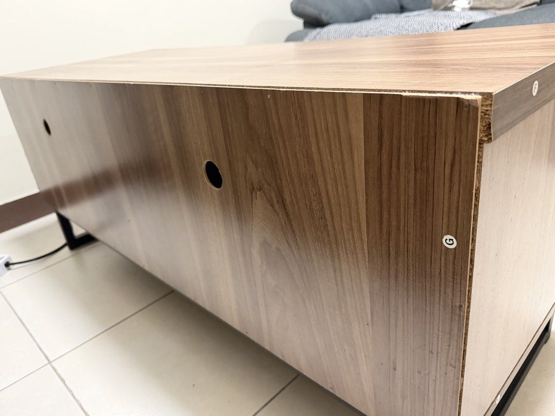 TV Console Cabinet for Sale (Category: TV Consoles) located in Pasig City. Submitted by theg3neralist (Listing ID 1466954743, Image 3). Description: • MDF wood with a steel stand • Industrial-style design • Bought from Landmark • A few scratches inside the drawer • Minor peeling on the left corner • Drawer is fully functional and works well • Shipping to be arranged and paid for by the buyer Dimensions: 120 (W) × 45 (D) × 50 (H) cm Reason for sel