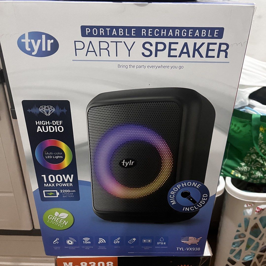 tylr Portable Rechargeable Party Speaker TYL-VX938 (Category: Soundbars, Speakers & Amplifiers) located in Quezon City. Submitted by mcv1102 (Listing ID 1466875481, Image 1). Description: LikeNew! Tylr party speaker... Portable rechargeable party speaker with 100W max power and multi-color LED lights around the woofer. Includes microphone, 2200mAh lithium battery, 10m wireless range, Bluetooth, TWS, USB port, AUX in, and 6.35mm mic input. Black h