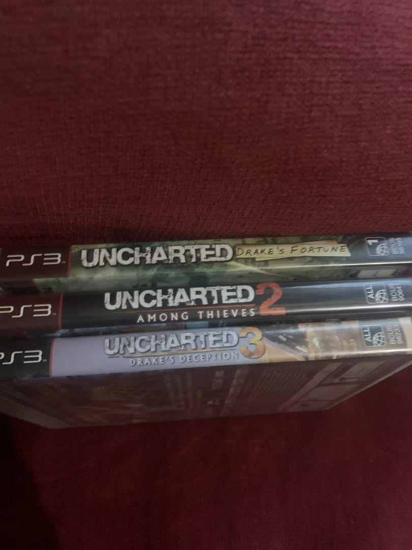 Uncharted Trilogy PS3 Games Set (Category: PlayStation) located in Makati City. Submitted by emenem.m (Listing ID 1466943012, Image 1). Description: - Complete Uncharted Trilogy bundle for PS3 (Drake's Fortune, Among Thieves, Drake's Deception) - Region-free discs with all spines intact and legible - Acclaimed action-adventure masterpieces by Naughty Dog - Selling as a complete set - get the whole story arc in one go.