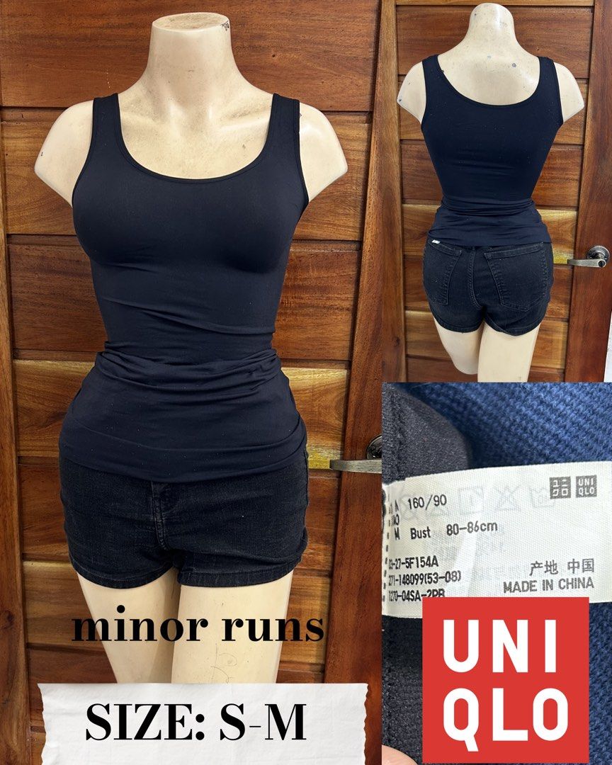 Uniqlo Black Tank Top (Category: Sleeveless) located in Valencia. Submitted by crizzagella20 (Listing ID 1466961559, Image 1). Description: - Brand: Uniqlo - Color: Black - Size: M (fits bust 80-86cm) - Design: Scoop neckline, sleeveless, form-fitting basic - Condition: Good layering piece, note minor fabric runs visible in pictures - Origin: Made in China.