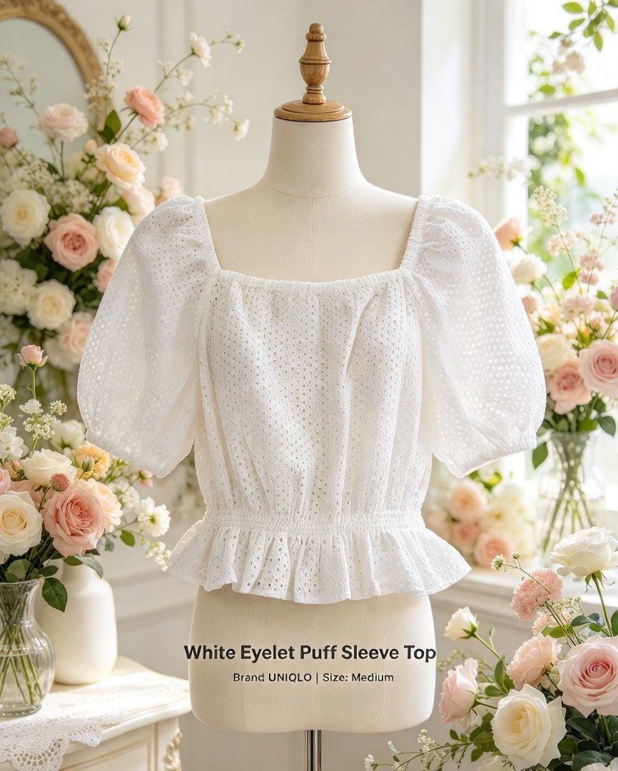 UNIQLO Eyelet Puff Sleeve Top (Category: Blouses) located in Manila. Submitted by charlottej01596 (Listing ID 1466872687, Image 1). Description: - Brand: UNIQLO - Style: Eyelet puff sleeve top with square neckline and ruffled hem - Details: Elastic smocked waist & all-over cutout embroidery pattern - Material: Comfortable, breathable cotton fabric - Colors Available: White and Black - Size: Medium - Mode of Payment: GCash, Paymaya, Gotyme, COD vi