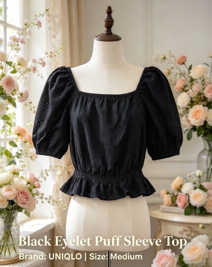 UNIQLO Eyelet Puff Sleeve Top (Category: Blouses) located in Manila. Submitted by charlottej01596 (Listing ID 1466872687, Image 2). Description: - Brand: UNIQLO - Style: Eyelet puff sleeve top with square neckline and ruffled hem - Details: Elastic smocked waist & all-over cutout embroidery pattern - Material: Comfortable, breathable cotton fabric - Colors Available: White and Black - Size: Medium - Mode of Payment: GCash, Paymaya, Gotyme, COD vi