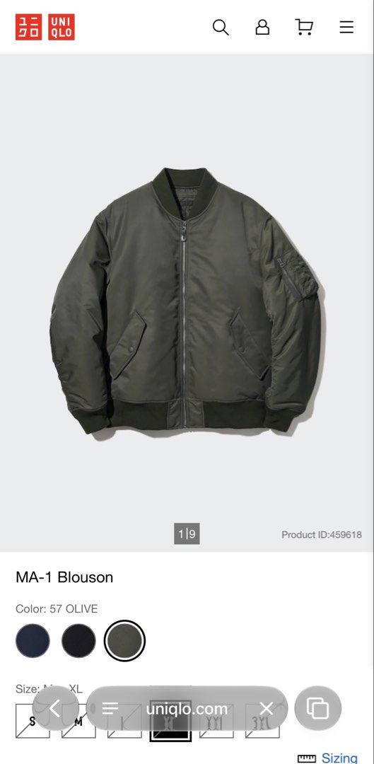 Uniqlo MA-1 Blouson Jacket (Category: Coats, Jackets and Outerwear) located in Antipolo. Submitted by hvevisuals (Listing ID 1466912739, Image 1). Description: Uniqlo MA-1 Blouson Jacket Color: 57 Olive Size: XL * Authentic Uniqlo * In very good condition * Only used once * No stains or damages * No longer available in Uniqlo stores in the Philippines Actual color may vary slightly due to lighting. Feel free to check the item personally or reques