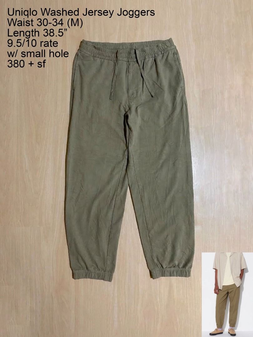 Uniqlo Washed Jersey Jogger Pants (Category: Joggers) located in Cadiz. Submitted by thespotcdz (Listing ID 1466826054, Image 1). Description: Medium on tag Waist 30-34 Length 38.5" 9.5/10 rate w/ small hole (back pocket).