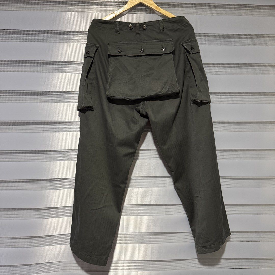 USMC P-44 Herringbone Twill Monkey Pants - Modern Repro (Category: Trousers) located in Butuan. Submitted by hwthomz (Listing ID 1466919827, Image 2). Description: Tagged 34 (Fits 32”) Actual measurements (in.): Waist - 16.25 Rise - 13.5 Thigh - 14.5 Leg opening - 9.5 Inseam - 28 Outseam - 39 .