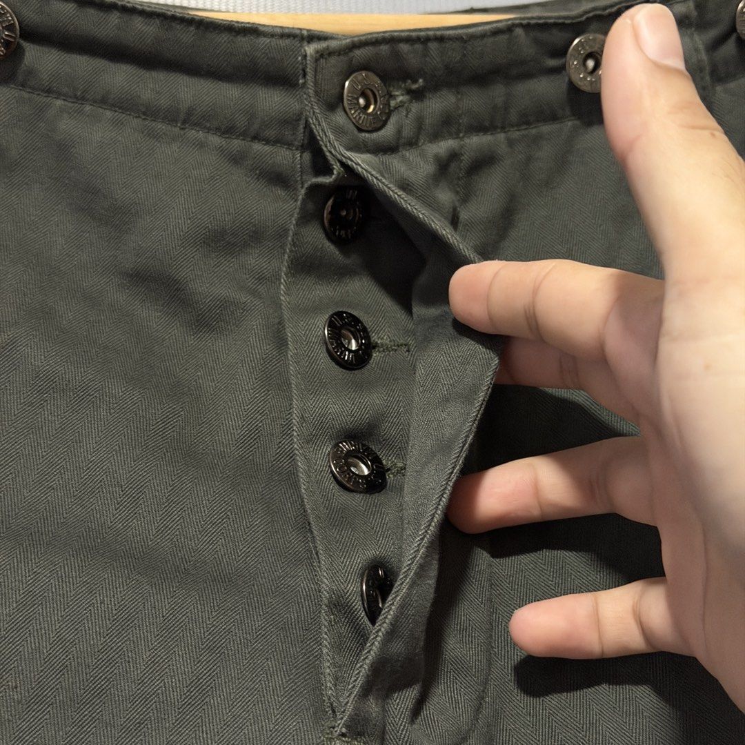 USMC P-44 Herringbone Twill Monkey Pants - Modern Repro (Category: Trousers) located in Butuan. Submitted by hwthomz (Listing ID 1466919827, Image 3). Description: Tagged 34 (Fits 32”) Actual measurements (in.): Waist - 16.25 Rise - 13.5 Thigh - 14.5 Leg opening - 9.5 Inseam - 28 Outseam - 39 .