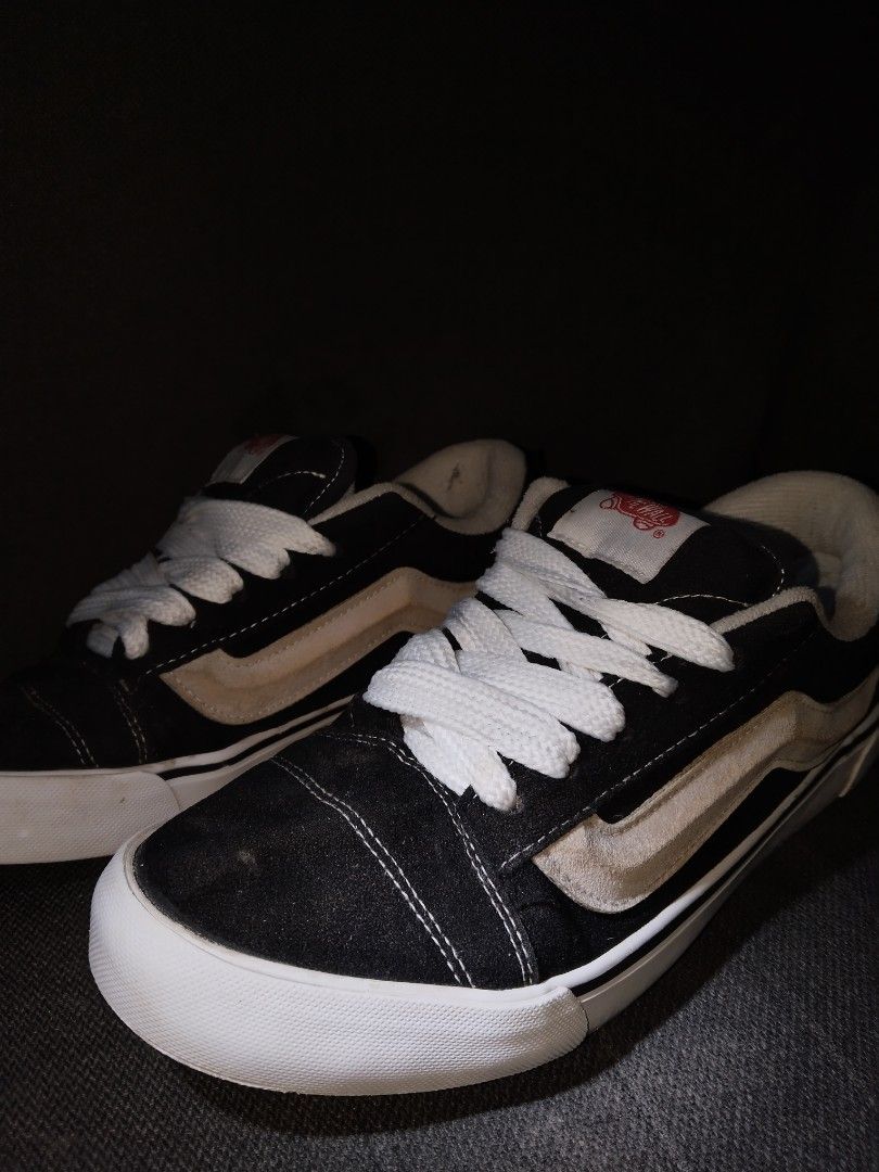 Vans x Potato Vans Black White Sneakers (Category: Sneakers) located in Manila. Submitted by corndogsshopitem.8o67 (Listing ID 1466833849, Image 1). Description: - Brand: Vans - Color: Classic black and white - Style: Chunky skate sneakers with thick laces - Unique Detail: Custom 'potato vans' embroidery on the heel counter - Features: White rubber toe caps and iconic red 'Off The Wall' heel badges - Condition: Cushioned collars show some wear an