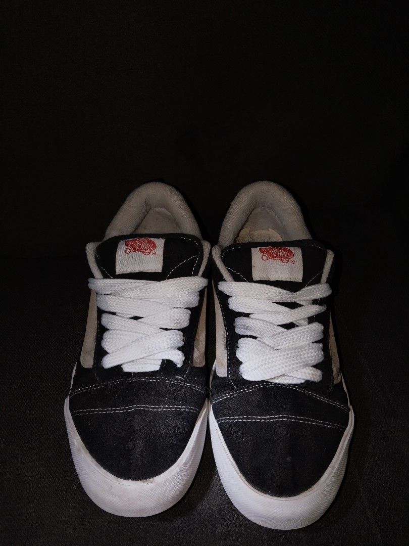 Vans x Potato Vans Black White Sneakers (Category: Sneakers) located in Manila. Submitted by corndogsshopitem.8o67 (Listing ID 1466833849, Image 3). Description: - Brand: Vans - Color: Classic black and white - Style: Chunky skate sneakers with thick laces - Unique Detail: Custom 'potato vans' embroidery on the heel counter - Features: White rubber toe caps and iconic red 'Off The Wall' heel badges - Condition: Cushioned collars show some wear an