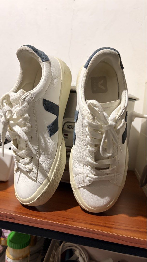 Veja Campo White Navy Leather Sneakers (Category: Sneakers) located in Manila. Submitted by leayah1990 (Listing ID 1466923949, Image 1). Description: - Brand: Veja - Color: White leather with navy suede accents and heel tabs - Soles: Thick off-white durable rubber - Inclusions: Original white cotton laces - Condition: Good, clean insoles with visible branding, minor toe box creasing, and light dust on soles - Perfect for daily casual fits and sma