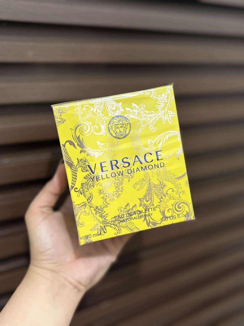 Versace Yellow Diamond Eau de Toilette 90ml (Category: Fragrance & Deodorants) located in Manila. Submitted by kitbizshop2026 (Listing ID 1466865614, Image 1). Description: - Item: Versace Yellow Diamond Eau de Toilette - Size: 90 ml / 3.0 fl. oz. natural spray - Condition: Brand new, factory sealed in plastic wrap - Packaging: Authentic bright yellow box with ornate silver baroque details - Guaranteed original and authentic.