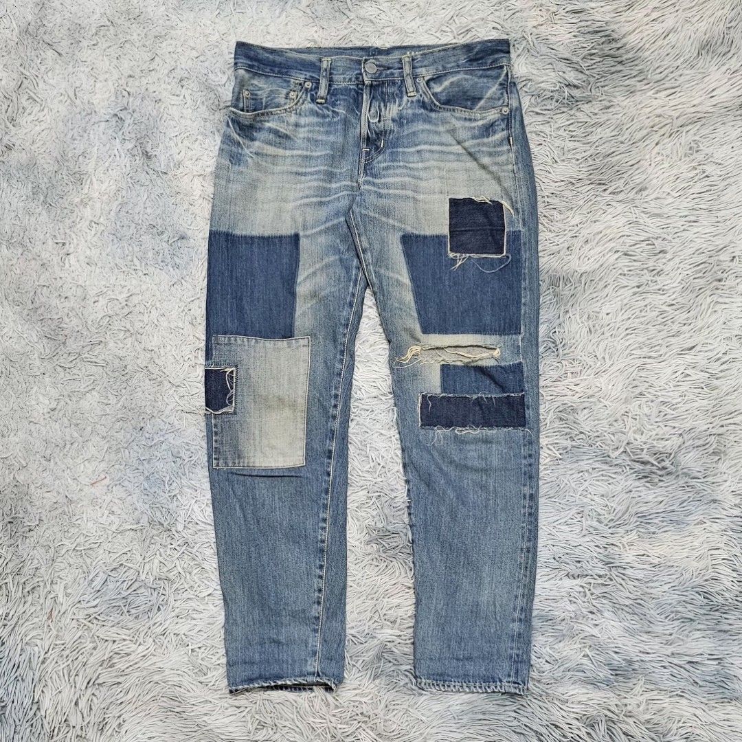 Vintage Hysteric Glamour Distressed Patchwork Denim Jeans (Category: Jeans) located in Manila. Submitted by shio_gray (Listing ID 1466845604, Image 2). Description: Authentic sz Small Waistline 30 Inseam 26 Thighs 9 Leg open 5.5 Front rise 9.