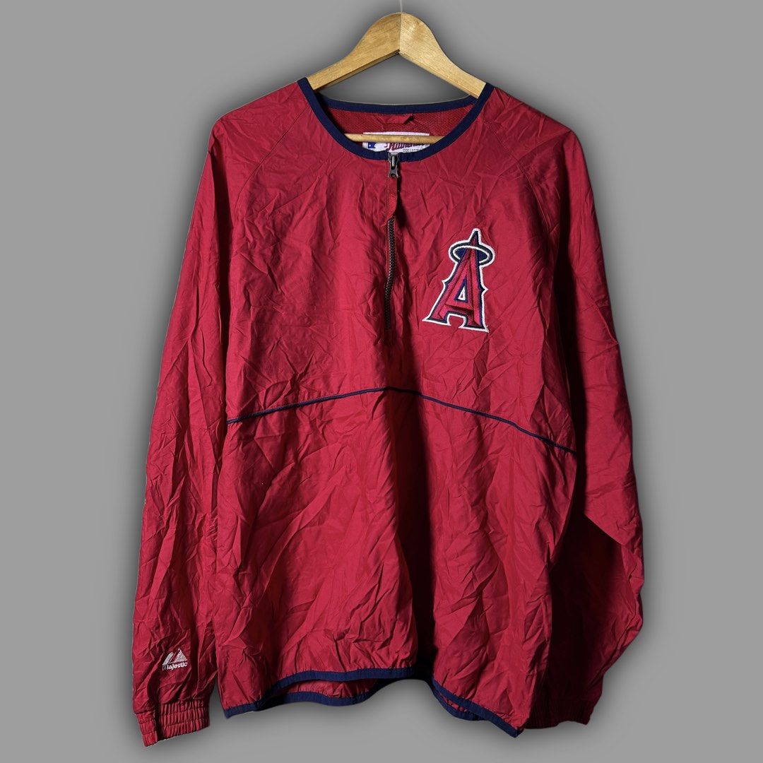 Vintage Majestic LA (Category: Coats, Jackets and Outerwear) located in Zamboanga. Submitted by hype_thrifts (Listing ID 1466862158, Image 1). Description: Vintage Majestic Los Angeles/Anaheim Angels Red Pullover Windbreaker Jacket - Large Width: 26 Length: 28 Excellent condition -.