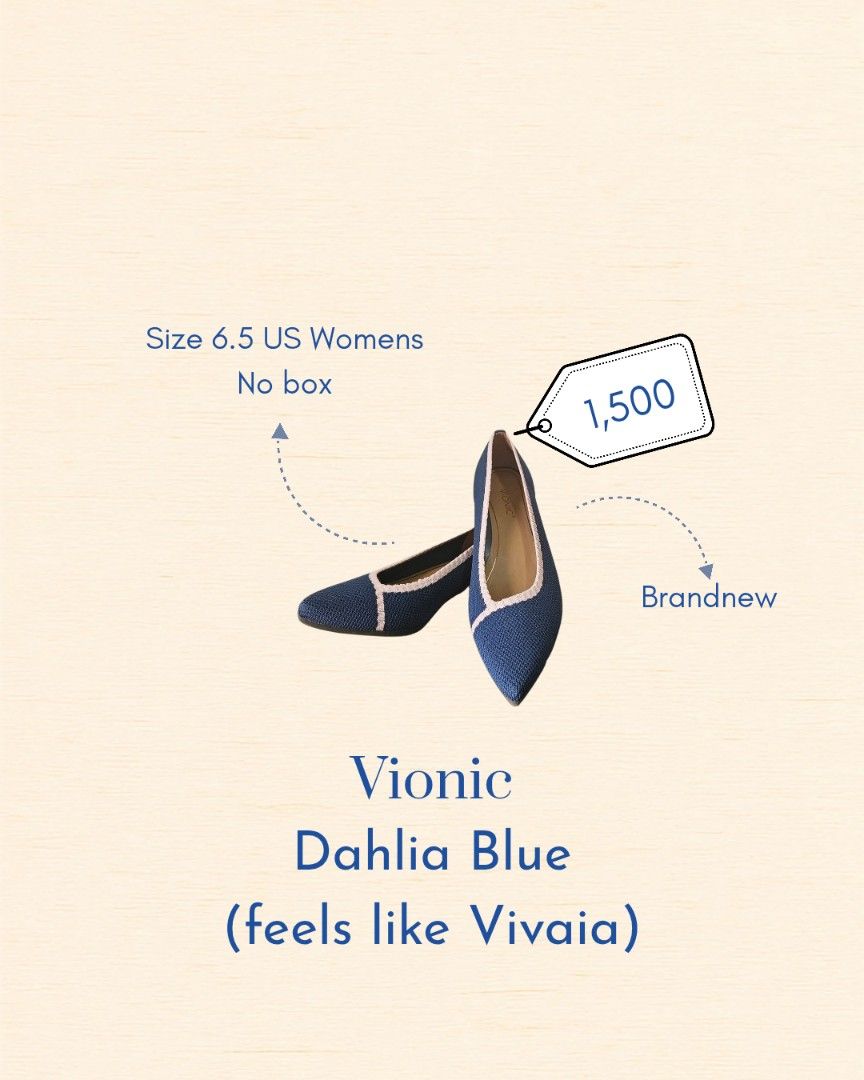Vionic Dahlia Blue Knit Flats Size 6.5 (Category: Flats & Sandals) located in Quezon City. Submitted by angelafrancescarasos (Listing ID 1466922532, Image 1). Description: - Brand: Vionic (Model: Dahlia) - Style: Pointed toe knit flats with contrast trim and slip-on design - Color: Striking Blue - Size: US Women 6.5 / EU 37.5 - Condition: Brand new, never worn, pristine out-of-packaging condition - Features: Cushioned insole for all-day comfort -