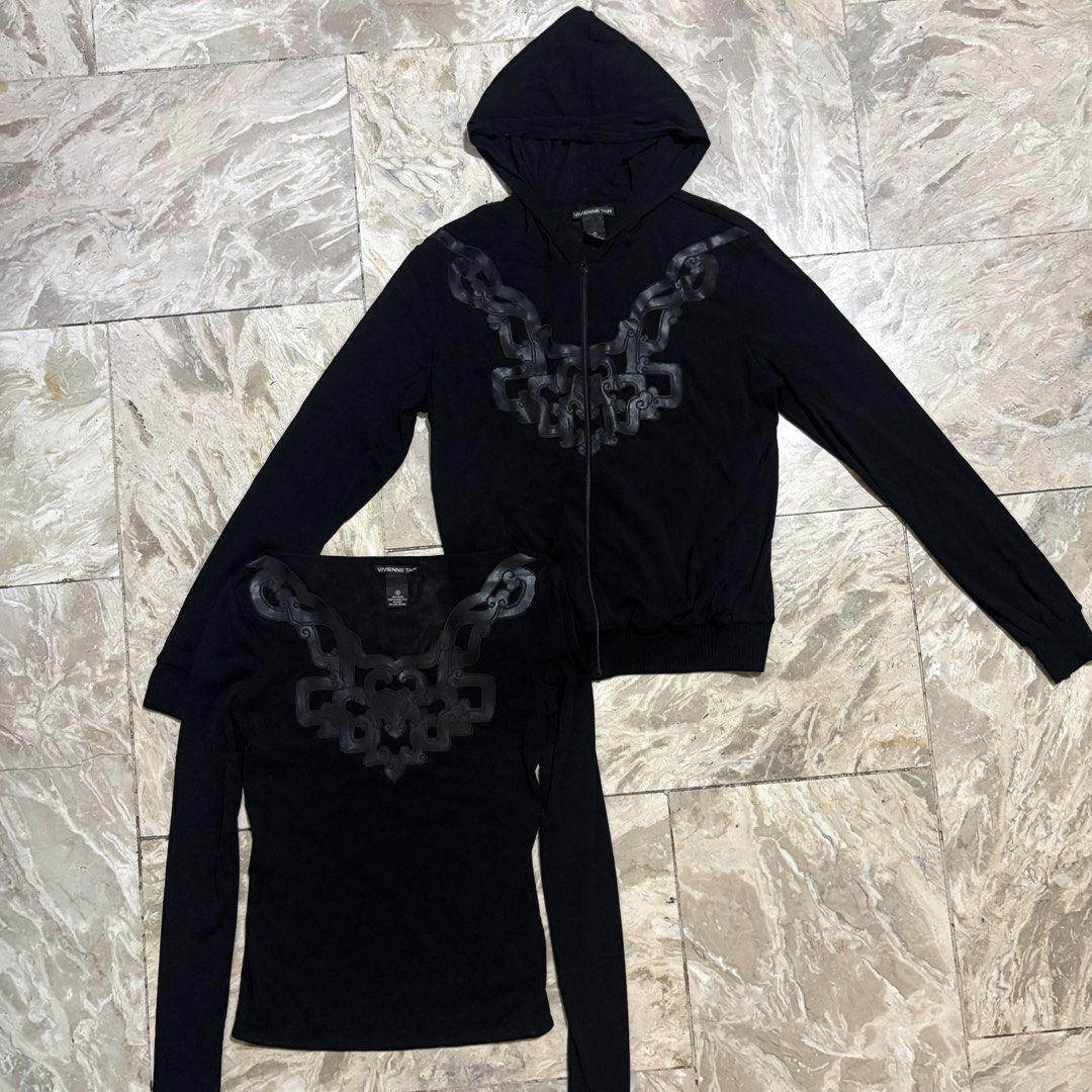 Vivienne tam Mesh (Category: Coats, Jackets and Outerwear) located in Dinalupihan. Submitted by hell.thrift (Listing ID 1466850139, Image 1). Description: Vivienne Tam black zip-up hoodie and and long sleeve ornate faux-leather or cord appliqué chest embellishment Mesh material Size:2 And Size:0 Both no issue 8,500 for both.