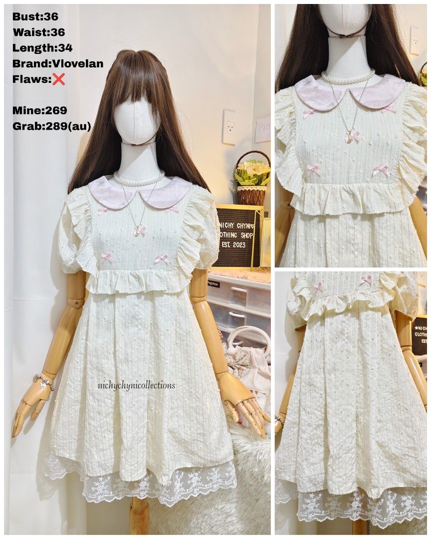Vlovelan Pink Bow White Dress (Category: Dresses) located in Manila. Submitted by chynii_28 (Listing ID 1466865741, Image 1). Description: - Brand: Vlovelan - Color: White with pink collar and bow accents - Details: Ruffles and lace hem at the bottom - Measurements: Bust 36" | Waist 36" | Length 34" - Condition: Like new, no flaws found - Style: Cute, sweet, and feminine.