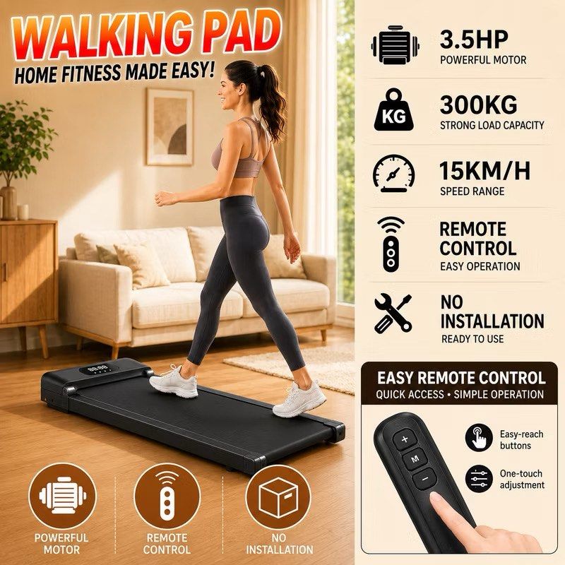 Walking Pad / Treadmill (Category: Cardio & Fitness Machines) located in Manila. Submitted by asdf_g_hjkl (Listing ID 1466860273, Image 1). Description: Brand: New Life Movement - Condition: Like new (bought last May 2025) - 3.5HP - 15km/h - Heavy-duty 300kg load capacity - With remote control - No installation needed, ready to use - Storage: Compact design, itatayo lang sa wall ISSUE - chipped na yung lower right. Cinover lang ng plastic para di