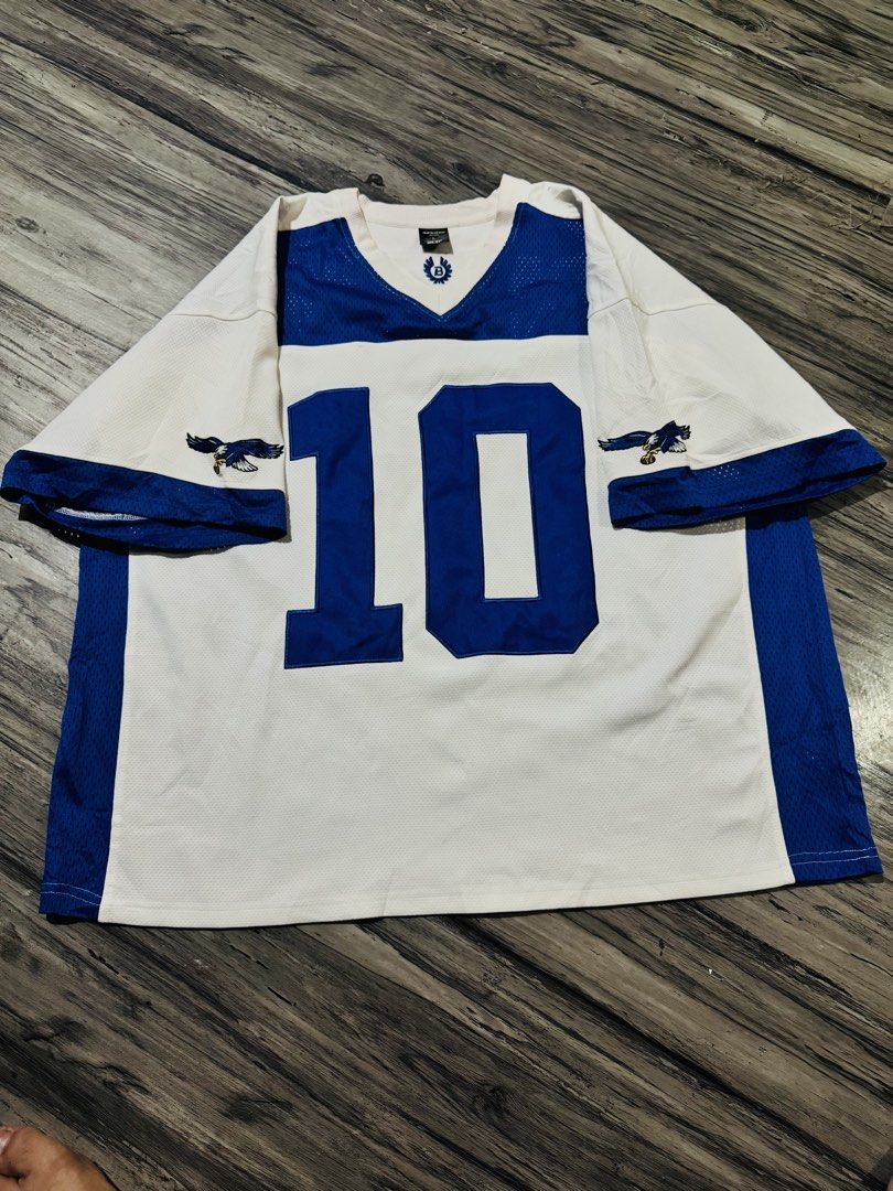 White Blue Jersey Number 10 bluesfly Eagle Graphics Size L (Category: Activewear) located in Quezon City. Submitted by lucky_wisefish.2ca7d6 (Listing ID 1466965730, Image 2). Description: - Color: White and royal blue - Size: Large (tag intact) - Design: Big stitched number 10 on chest, embroidered eagle graphics on both sleeves - Features: Breathable mesh panels along shoulders and sides, V-neck collar - Style: Great streetwear or game day piece