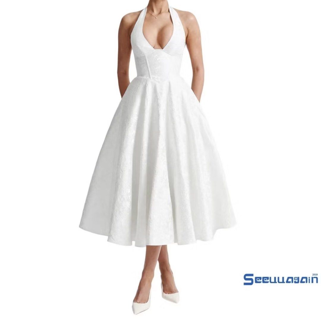 White Jacquard Halter Midi Dress (Category: Dresses) located in Quezon City. Submitted by danalou (Listing ID 1466868374, Image 1). Description: - size medium (waist 28, bust 34) - used once only for a graduation photoshoot - dm for actual photos - backless, ties at the neck - corset criss cross ties at the back.