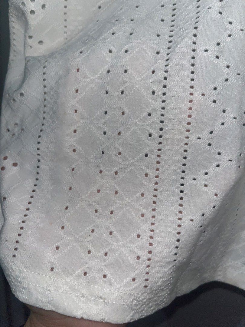 White lace trim camisole eyelet top (Category: Sleeveless) located in Mandaluyong City. Submitted by yujee (Listing ID 1466797728, Image 2). Description: 📍 Mandaluyong - White, lace trin, eyelet pattern top - like new (yellow stains but washable) - MOP: GCash - lalamove around Metro Manila .