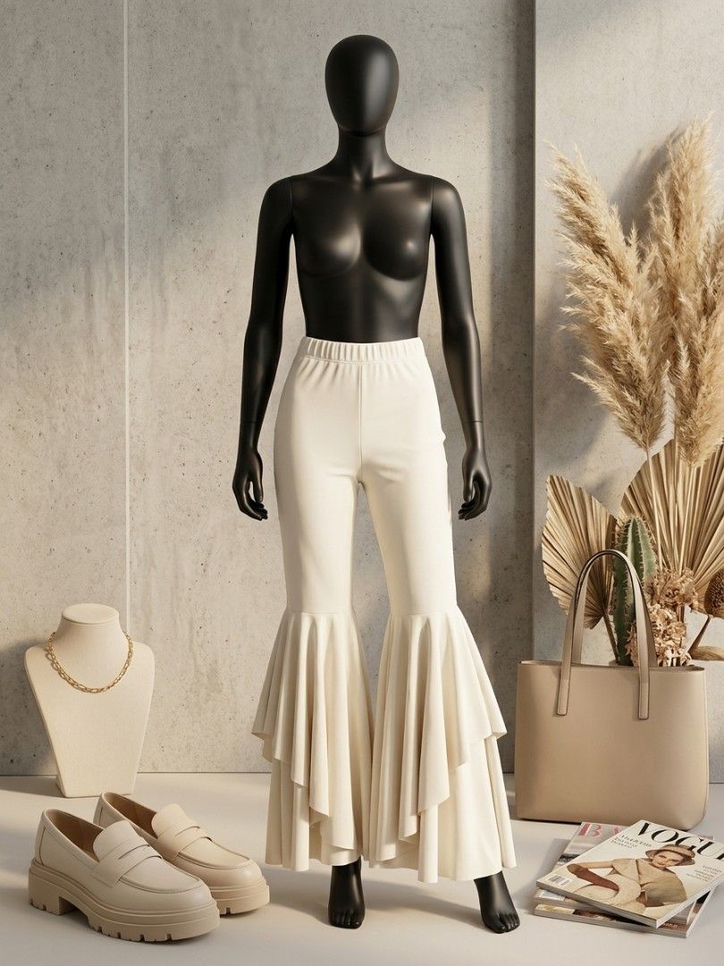 White Tiered-Ruffle Flared Gaucho Trousers (Category: Jeans) located in Bacoor. Submitted by aithriftcloset (Listing ID 1466916082, Image 2). Description: White Tiered-Ruffle Flared Gaucho Trousers 🤍✨ 💃 Stand out from the crowd with these incredibly chic and statement-making white gaucho trousers! ✨️Crafted from a smooth, ultra-flexible nylon and spandex combination fabric, these pants blend cozy comfort with true high-fashion drama. ✨️They fea