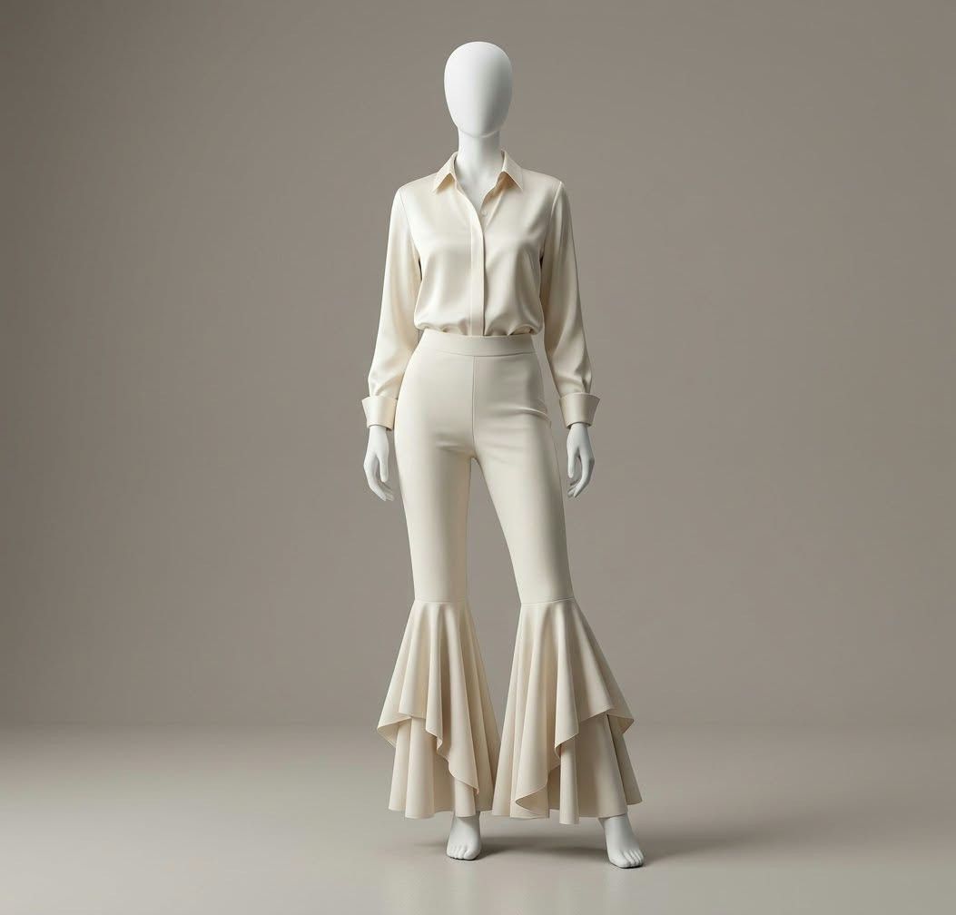 White Tiered-Ruffle Flared Gaucho Trousers (Category: Jeans) located in Bacoor. Submitted by aithriftcloset (Listing ID 1466916082, Image 3). Description: White Tiered-Ruffle Flared Gaucho Trousers 🤍✨ 💃 Stand out from the crowd with these incredibly chic and statement-making white gaucho trousers! ✨️Crafted from a smooth, ultra-flexible nylon and spandex combination fabric, these pants blend cozy comfort with true high-fashion drama. ✨️They fea
