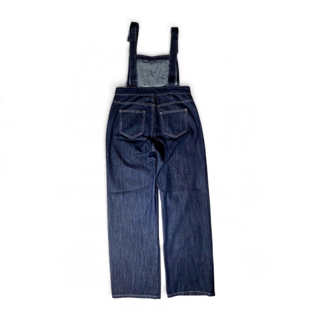 Wide Dark Blue Denim Overalls (Category: Sets & Coordinates) located in Manila. Submitted by deftzy (Listing ID 1466862963, Image 2). Description: Good as new No issue Waist: 31" Length: 48" Chest: 10.5" Leg opening: 9" Thigh: 9.5".