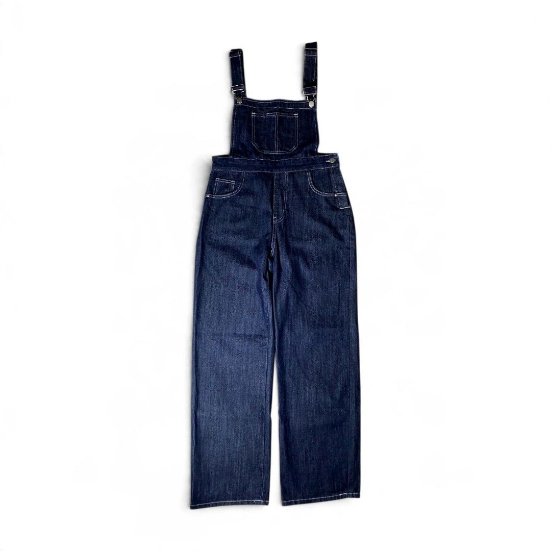 Wide Dark Blue Denim Overalls (Category: Sets & Coordinates) located in Manila. Submitted by deftzy (Listing ID 1466862963, Image 1). Description: Good as new No issue Waist: 31" Length: 48" Chest: 10.5" Leg opening: 9" Thigh: 9.5".