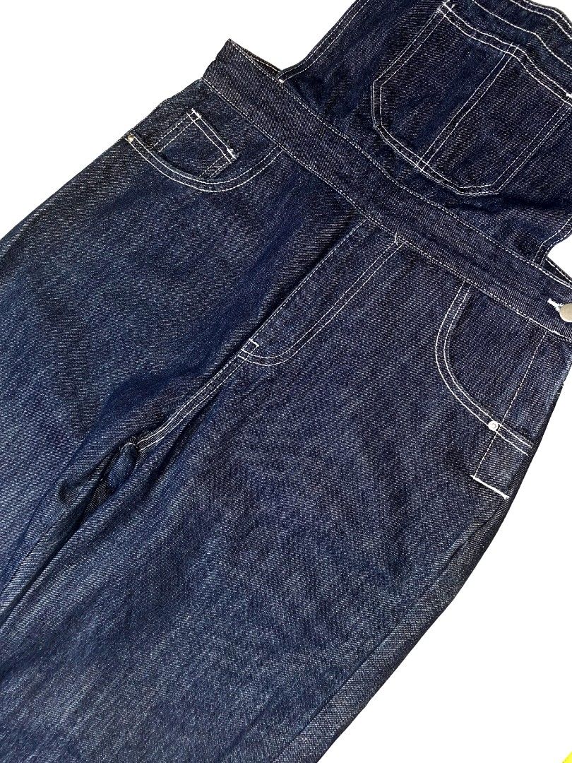 Wide Dark Blue Denim Overalls (Category: Sets & Coordinates) located in Manila. Submitted by deftzy (Listing ID 1466862963, Image 3). Description: Good as new No issue Waist: 31" Length: 48" Chest: 10.5" Leg opening: 9" Thigh: 9.5".